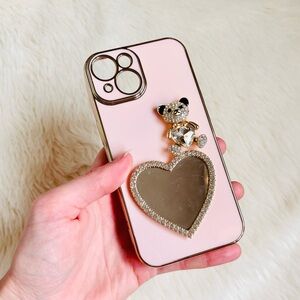 iphone 15 pink teddy bear rhinestone mirror phone case